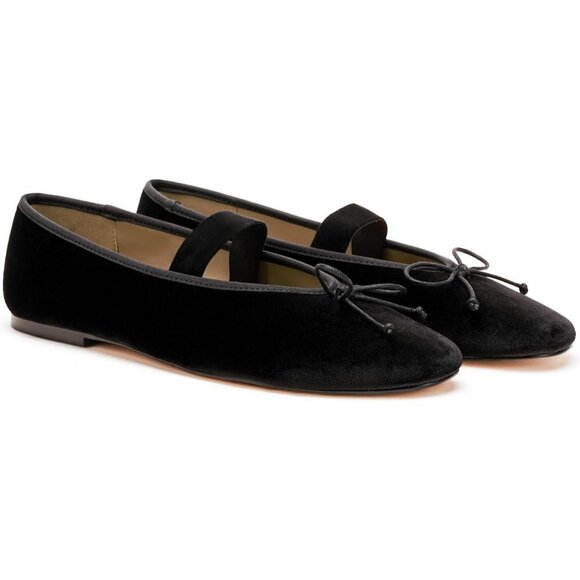 Women's Velvet Bow Black Upper Round Toe Ballerinas Pull On Flats Ballet Shoes - Picture 5 of 7